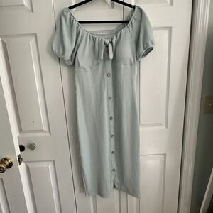 NO BOUNDARIES Light Blue Ribbed Button Front Puff Sleeve Midi Dress L